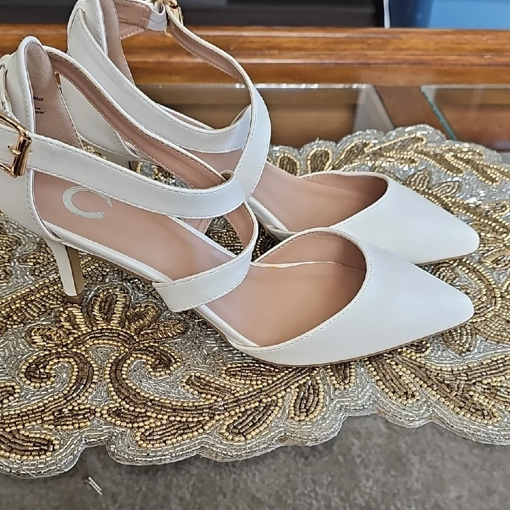 Journee Collection Cream Ankle Strap Heels